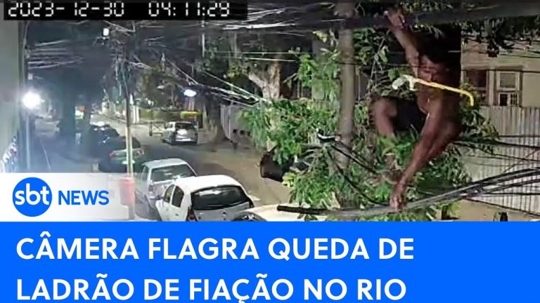 Câmera flagra queda de ladrão pendurado em fiação no Rio
