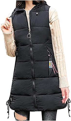 Colete feminino acolchoado com capuz acolchoado com zíper, casaco quente de inverno embalável, sem mangas