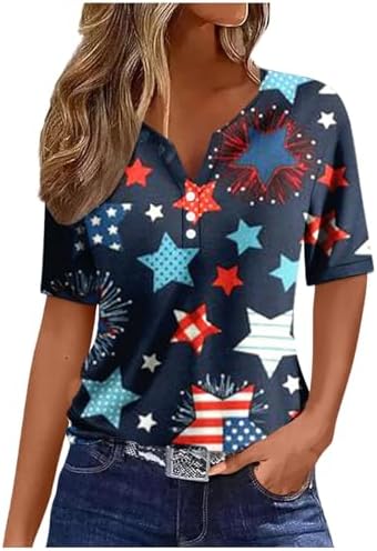 Camisetas femininas com botões do Dia da Independência 2024 com listras de estrelas casuais com bandeira americana