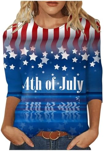 Camisetas femininas de verão patrióticas de 4 de julho 2024 com estampa da bandeira americana manga 3/4 roupas do Dia da Independência