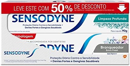 Sensodyne Kit Creme Dental Branqueador Extra Fresh e Creme Dental Limpeza Profunda para Dentes Sensíveis, Proteção Diária, 2 unidades, 90g cada