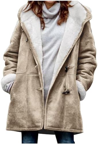 Casaco feminino forrado de ovelha com botão de chifre de inverno casaco com capuz casaco de lã quente espesso casaco casual parka sobretudo