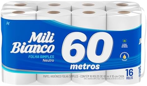 Mili Bianco Papel Higiênico 60m Folha SIMPLES Neutro – 16 rolos