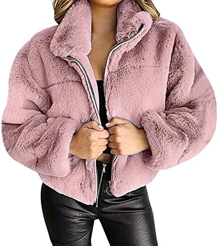 BFAFEN Jaqueta feminina de pele sintética com gola alta, sherpa, zíper completo, casaco de lã, jaquetas femininas de inverno