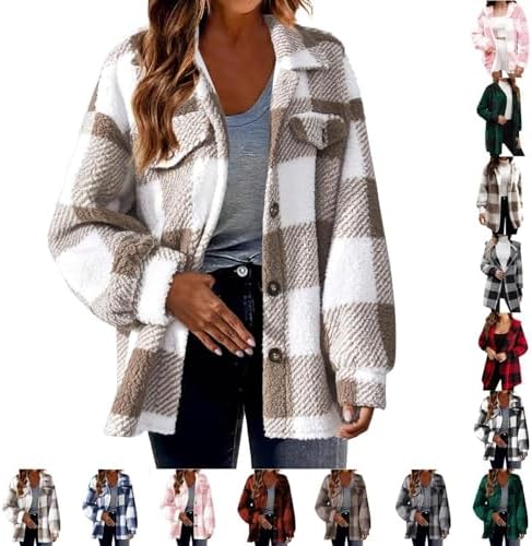 Casaco feminino xadrez felpudo casual lapela manga longa botão casaco feminino inverno quente grosso aconchegante jaqueta de lã sherpa