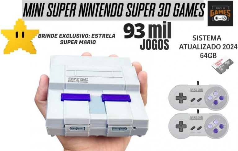 Mini Console Retro Super Nintendo com 93 mil jogos + 2 Controles Super 3D Games