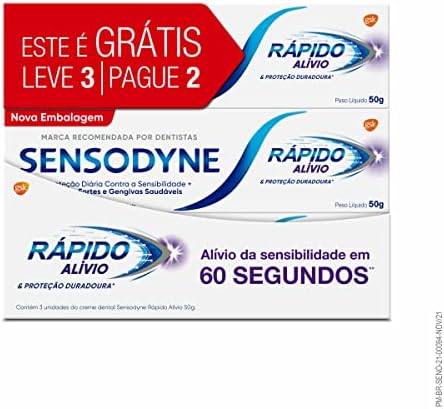 Sensodyne Creme Dental Rápido Alívio e Proteção Duradoura para Dentes e Gengivais Sensíveis, Leve 3 unidades e Pague 2, 50g cada