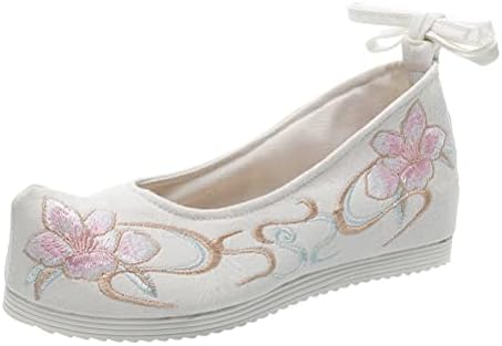 Holibanna 1 par de sapatos femininos Hanfu chinês bordado flor plana retrô étnica inclinada – sapatos de salto vintage floral de seda