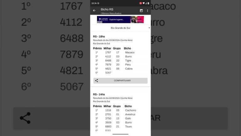 🍀 RESULTADO DO JOGO DO BICHO RS DAS 18 HORAS DE HOJE DIA 22.08.24 🍀