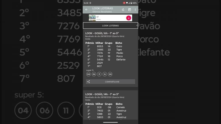 🍀 RESULTADO DO JOGO DO BICHO LOOK GOIÁS DAS 16 HORAS DE HOJE DIA 28.08.24 🍀
