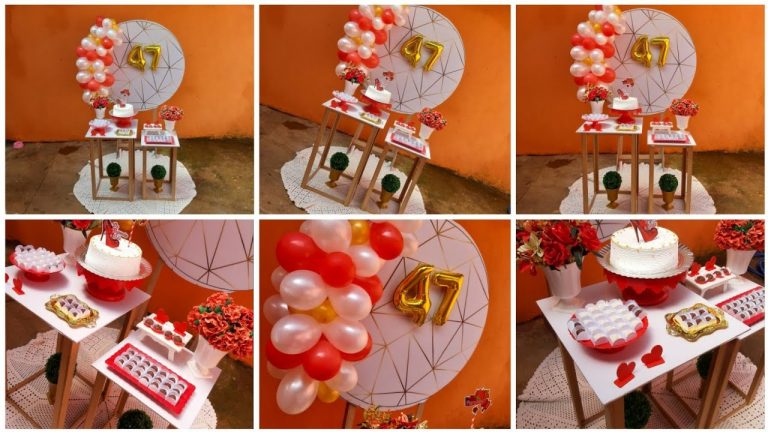 Decoração de festa | 47 anos | Aniversário | Vermelho e branco | Aniversário | Painel redondo.