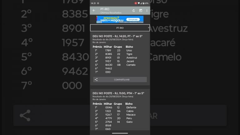 🍀 RESULTADO DO JOGO DO BICHO PT RIO DAS 14 HORAS DE HOJE DIA 20.08.24 🍀