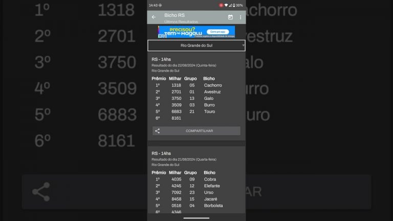 🍀 RESULTADO DO JOGO DO BICHO RIO GRANDE DO SUL DAS 14 HORAS DE HOJE DIA 22.08.24 🍀
