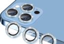 Hsefo Protetor de lente para câmera iPhone 13 Pro e iPhone 13 Pro Max, película protetora de tela de vidro temperado 9H brilhante com glitter, antiarranhões, à prova de choque, anel individual – 3 peças com glitter azul Sierra