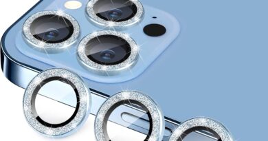Hsefo Protetor de lente para câmera iPhone 13 Pro e iPhone 13 Pro Max, película protetora de tela de vidro temperado 9H brilhante com glitter, antiarranhões, à prova de choque, anel individual – 3 peças com glitter azul Sierra