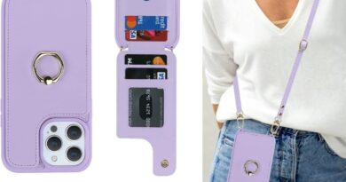 Lipvina Capa para iPhone 13 Pro Max com suporte de cartão, suporte giratório de 360°, alça e proteção à prova de choque (roxa)
